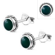 6pairs, Green Agate Round Stud Silver Earrings - e369
